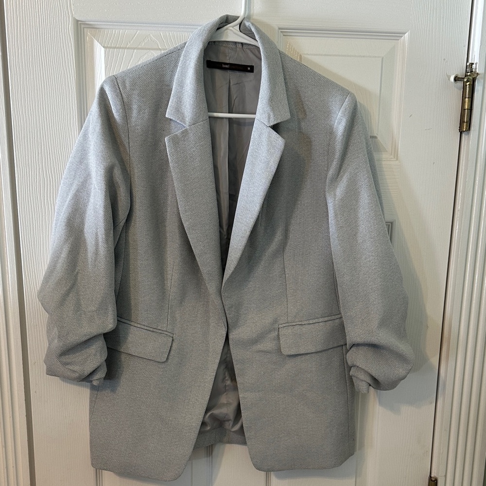 Hazel Blue Gray Textured Blazer Ruched Sleeve Jacket Size M